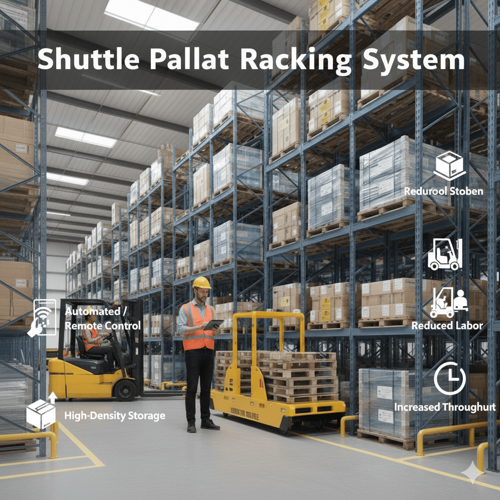 Radio shuttle cart on rack rails carrying a pallet, industrial close-up