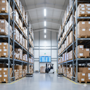 A modern, well-lit industrial warehouse with high-density racking systems installed by Modina Engineering.