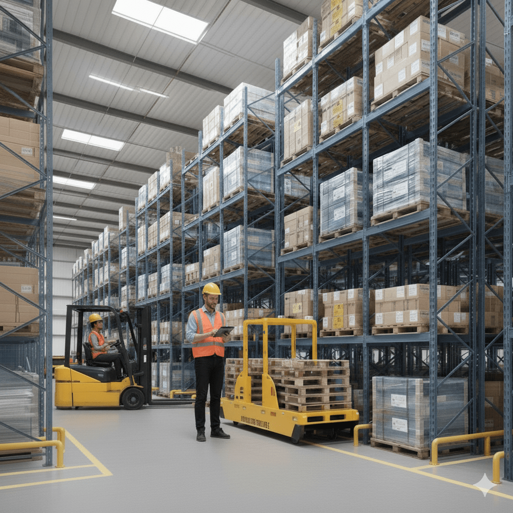 High-density warehouse aisle with shuttle pallet racking system, motorized radio shuttle loading pallets, modern industrial interior, Bangladesh context