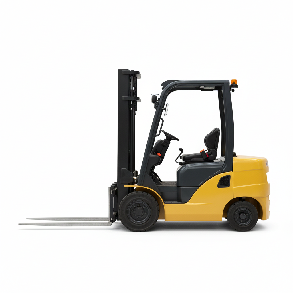 A conventional forklift in a clean warehouse setting.